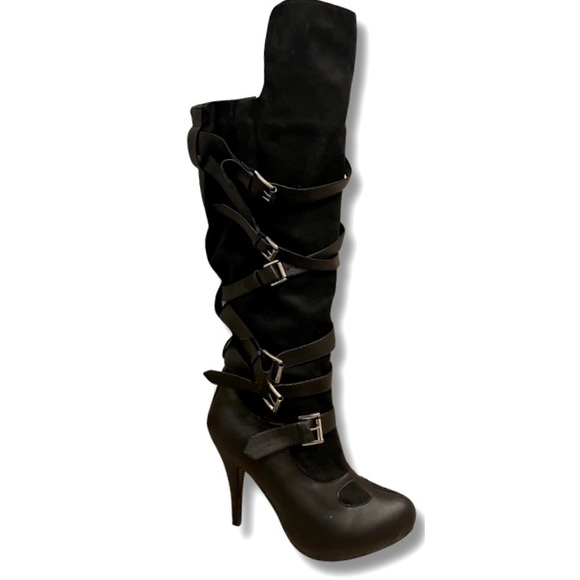 Spirit Shoes - SPIRIT Black Buckle & Strap Dress Up High Heel Boots Zipper Size L 9/10